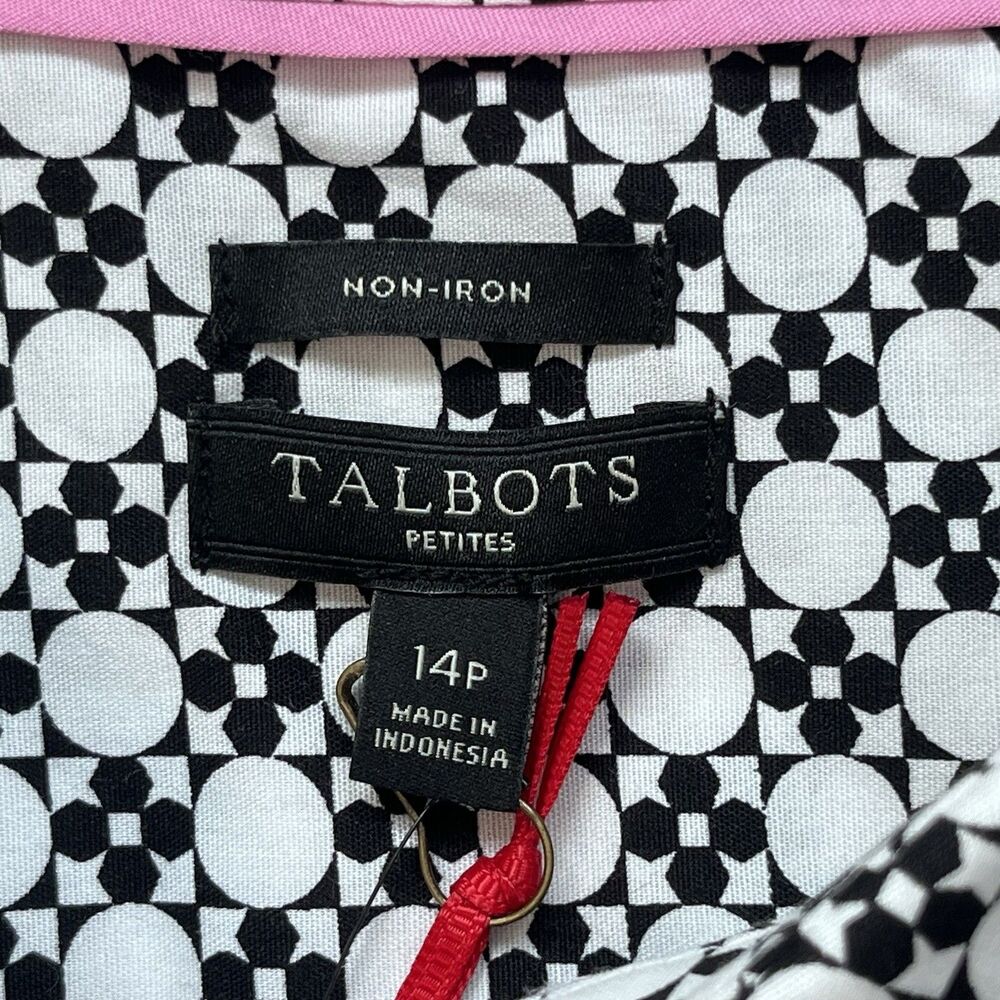 NWT Talbots Non-Iron Sz 14P Black/White Geometric Print Button Up Shirt Stretch - Picture 4 of 9